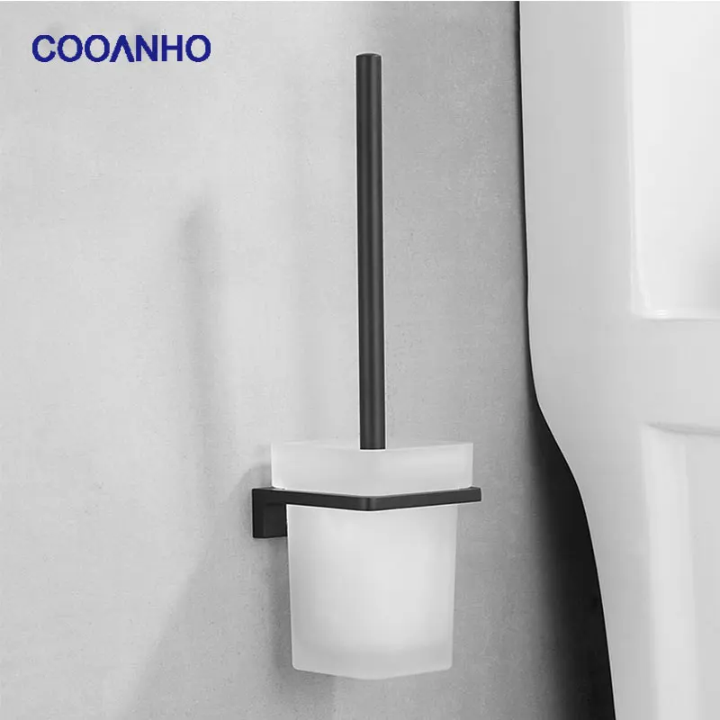 COOANHO Bathroom Toilet Brush Set With Bracket Wall-Mounted Frosted Glass, Matte Black