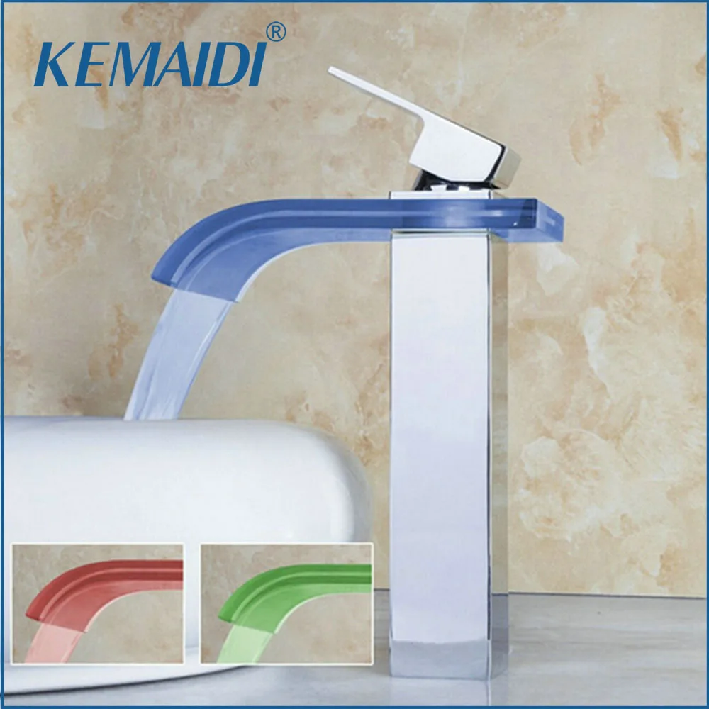 

KEMAIDI Bathroom Led Basin Faucet Glass Waterfall Brass Basin Faucets Bathroom Mixer Tap Deck Mounted Hot Cold Water Mixers