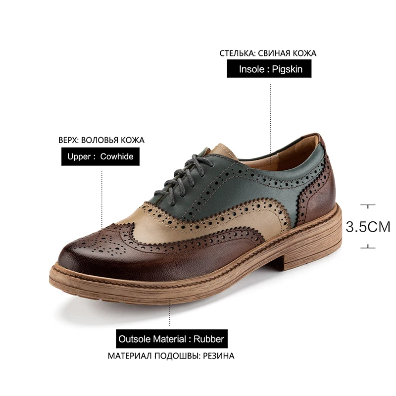 Donna-in Classic Brogue Carved Low Heels Lace-up  Oxfords Retro Women Shoes Genuine Leather Round Toe Female Office Lady Shoes