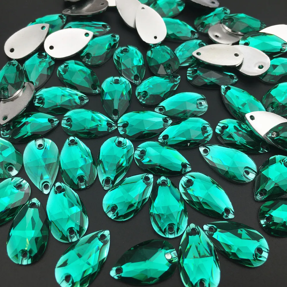 Teardrop 11x18MM Green Zircon Drop Sewing Flatback Pear Rhinestones Sew On Resin Stones For Dresses Clothes Garment