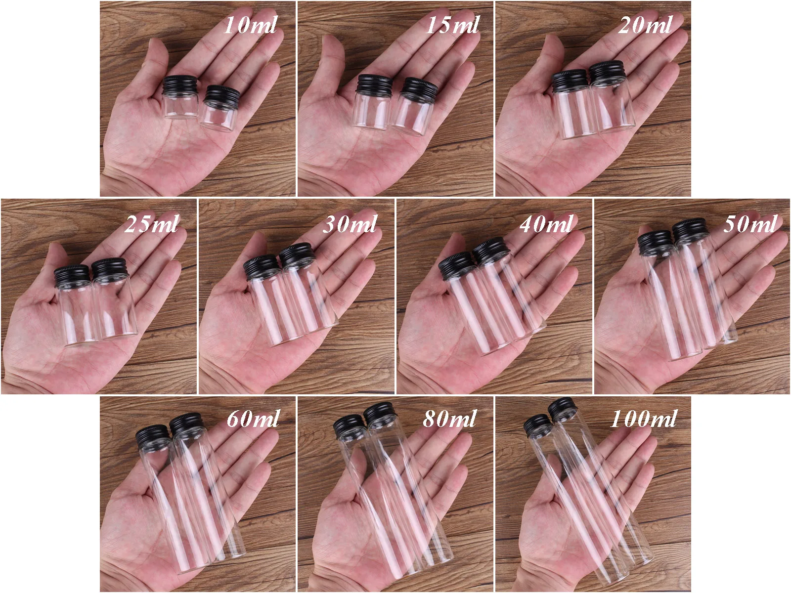 24pcs 10ml-100ml Glass Bottles with Black Aluminum Caps Spice Jar Glass Containers Decorative Bottles for Wedding Craft DIY Gift