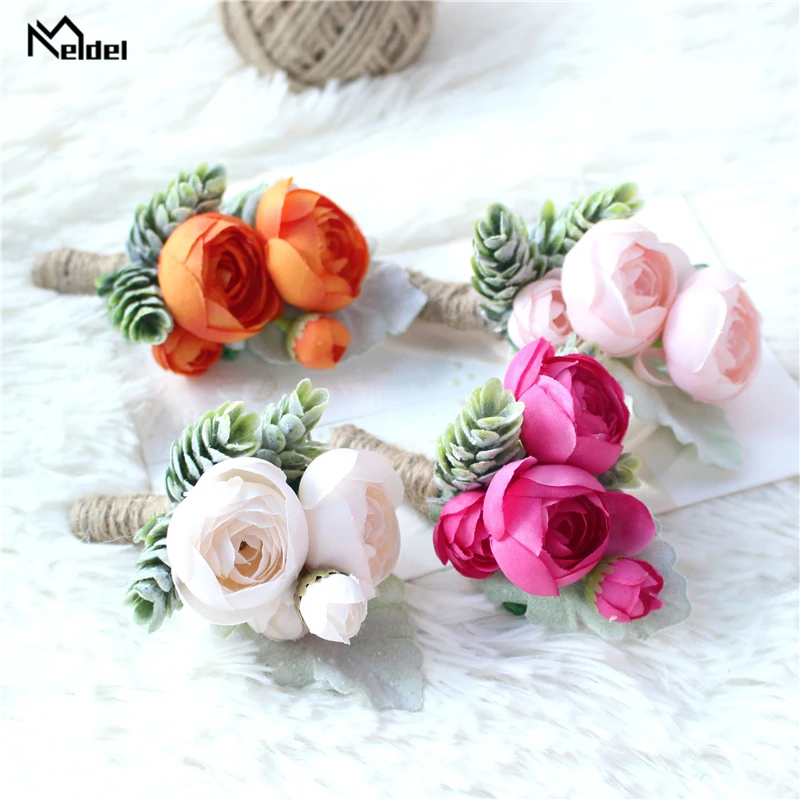 Meldel Rose Bud Wrist Corsage Hand Flower Man Boutonniere Artificial Tea Rose Silk Wrist Bracelet Bridesmaid Wedding Prom Brooch