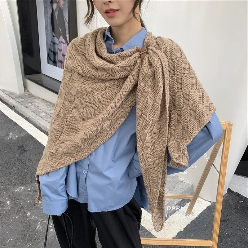 Shawl Women Poncho Knitted Scarf Cloak With Buckle Fashion Tops Autumn Winter Korean Clothes Brown Cardigan Vintage Sweaters