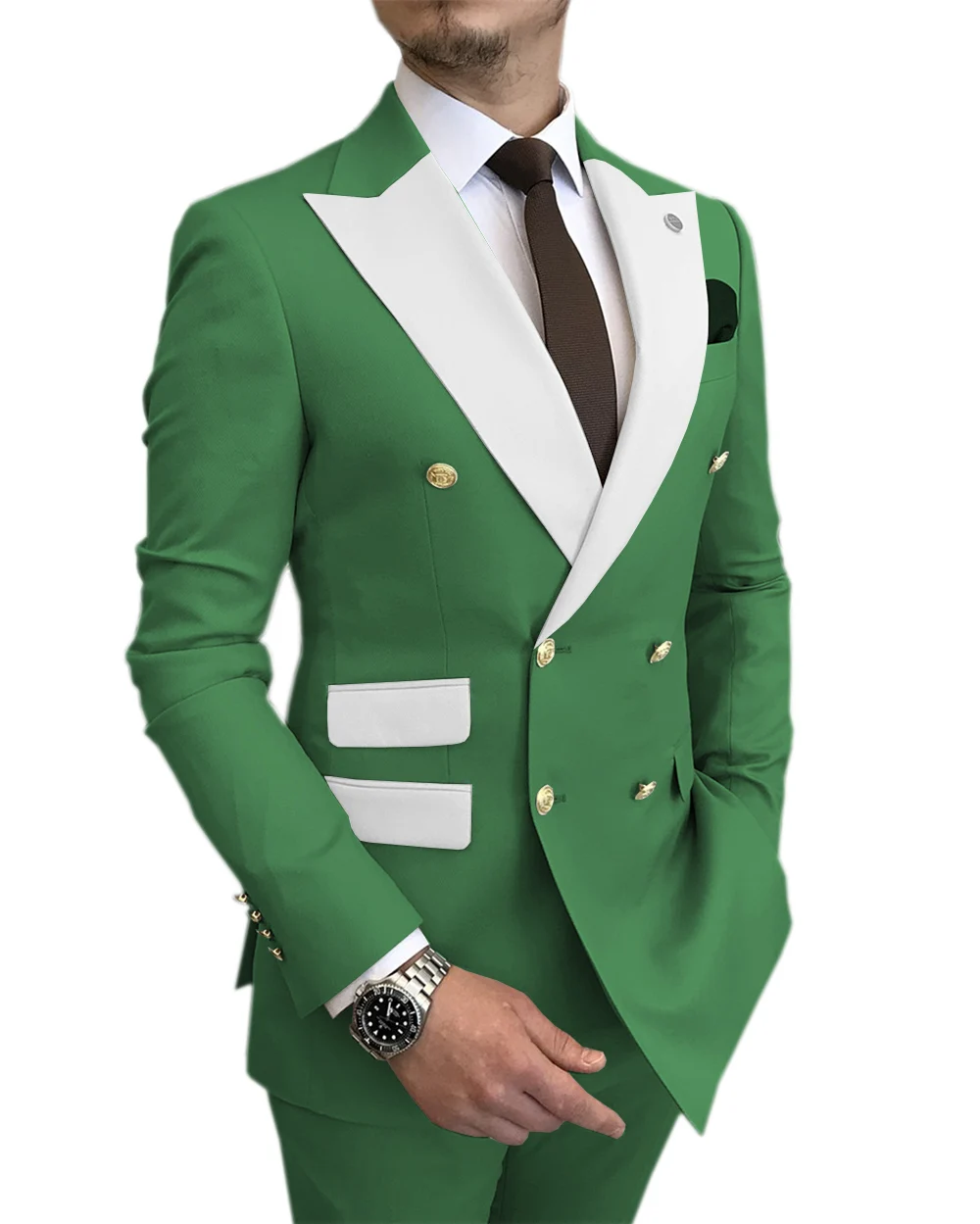 

2021 Costume Homme Green Men Wedding Prom Suits Male Dress Gold Button Double Breasted Men Suits Groom Party Tuxedo 2 Pieces Set