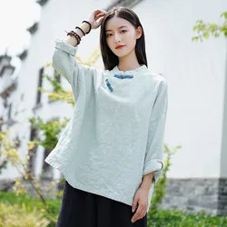 LZJN Long Sleeve Blouse 2020 Vintage Women Cotton Linen Shirt Traditional Chinese Blouses Stand Collar Frog Button Female Tops