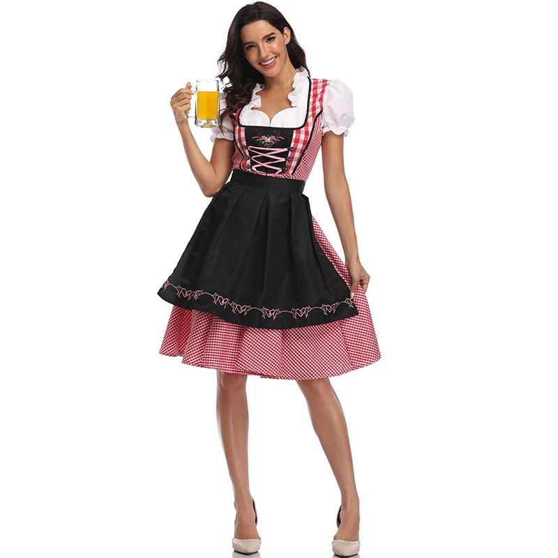 Mới Nữ Dirndl Oktoberfest Trang Phục Bayern Quốc Gia Kẻ Sọc Hồng Clubwear Cosplay Carnival Halloween Lạ Mắt Đầm Dự Tiệc