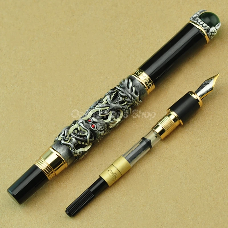 

Jinhao Luxury Dragon King 18KGP M Nib Fountain Pen, Metal Embossing Green Jewelry on Top, Gray Drawing Portable Writing Gift Pen