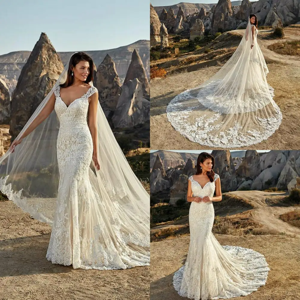 2021 vestidos de casamento v pescoço rendas apliques contas sereia vestidos de noiva feito sob encomenda sem costas varredura trem vestido de casamento