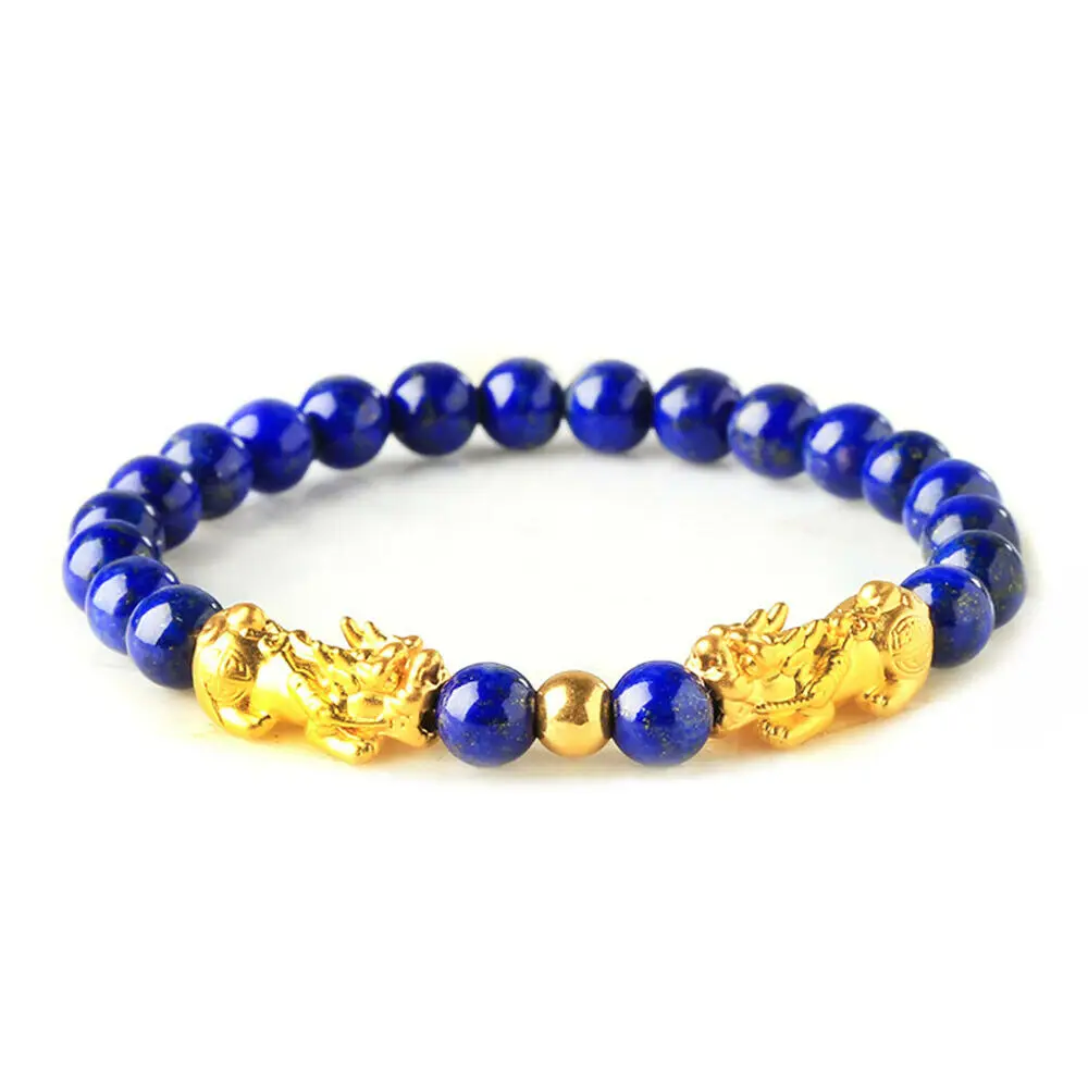 999 Real 24K Yellow Gold Bracelet For Women 3D Hard Gold Pixiu Gold Beads 3mm with 8mm Lapis Lazuli Beads Bracelet