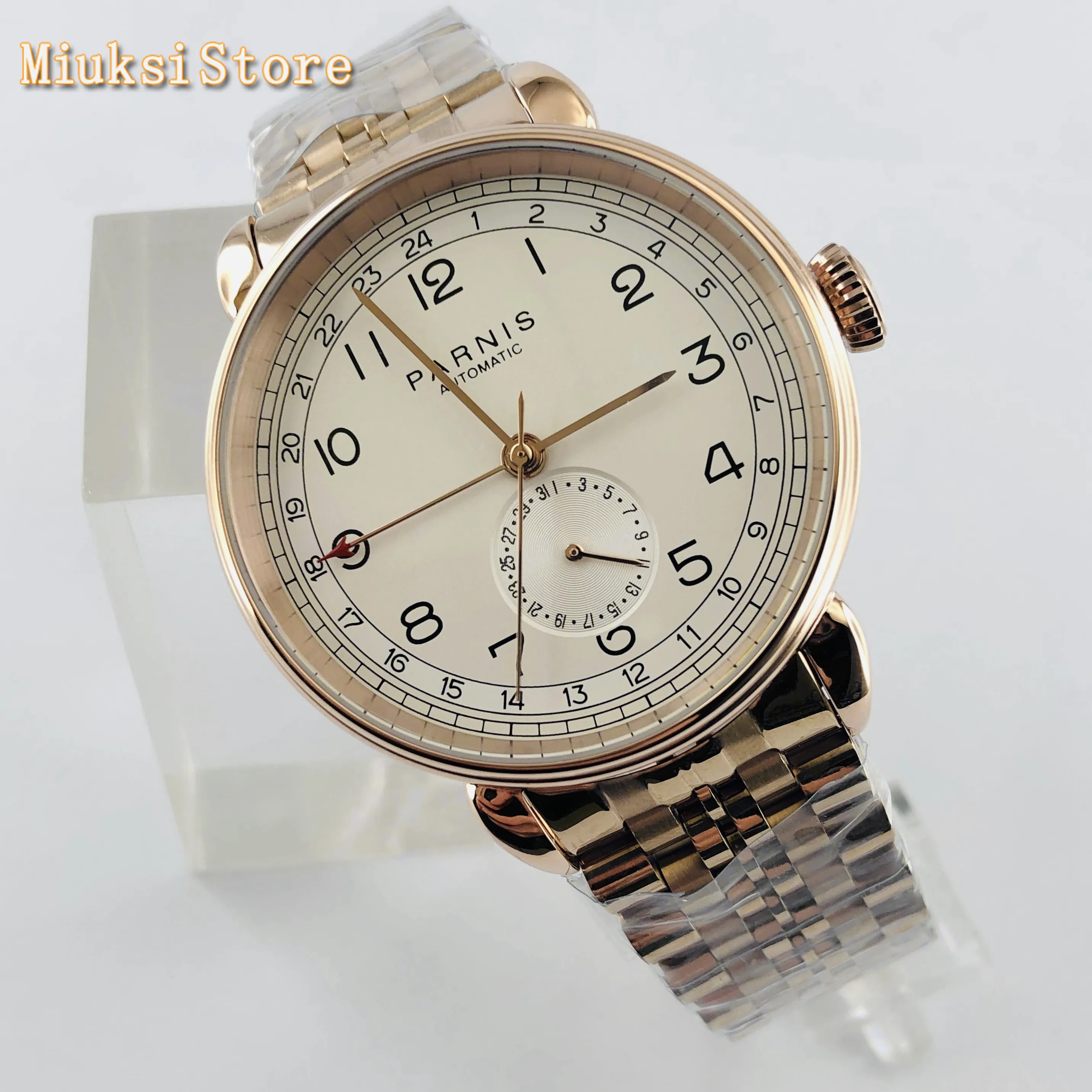 

Parnis top mens automatic mechanical watch 42mm rose gold GMT arab mark date window Stainless steel strap mens watches