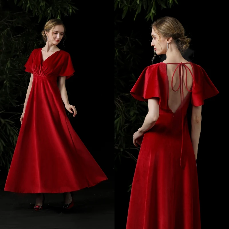 

Backless Velvet Wholesale Red Evening Dress Women Evening Dress Lady Evening Dress