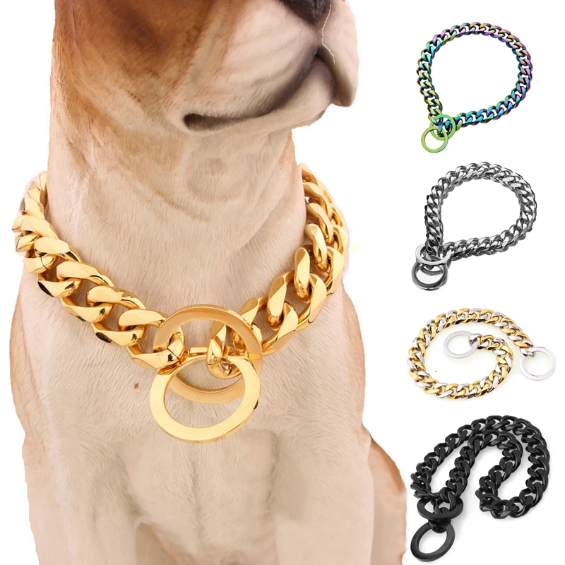 15mm Strong Silver Gold Stainless Steel Slip Dog Collar Metal Dogs Training Choke Chain Collars for Large Dogs Pitbull Bulldog