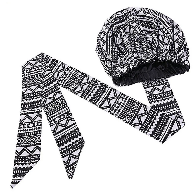 2021 African Ankara Turban Pattern Satin Linned Bonnet Women Long Ribbon Headwrap Double Layer Headscarf Big Size Hair Cover