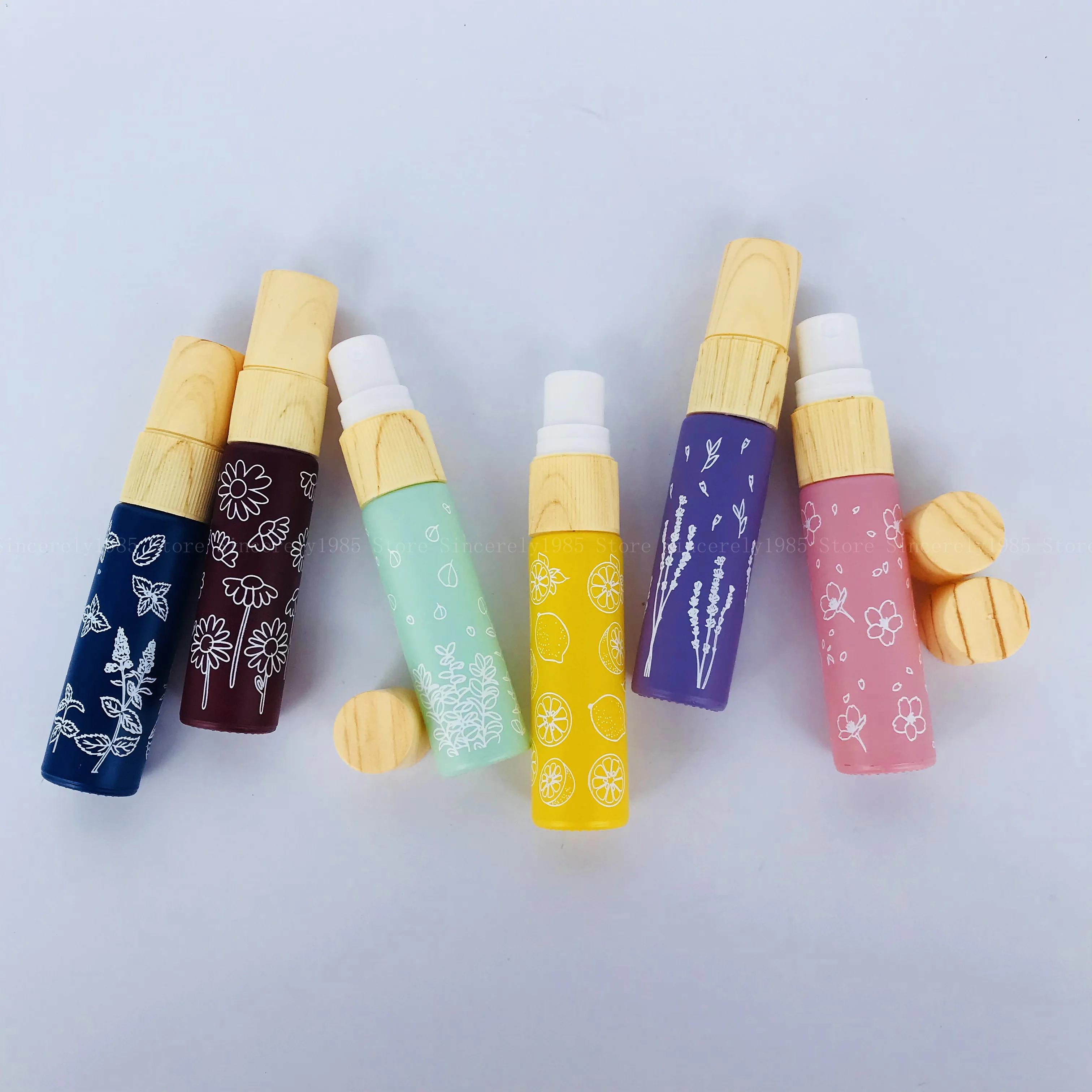 6 قطعة 10 مللي ماكرون زجاج طباعة زجاجة زيت طبيعي زجاجة سميكة الخشب الحبوب غطاء رذاذ زجاجة زيت طبيعي