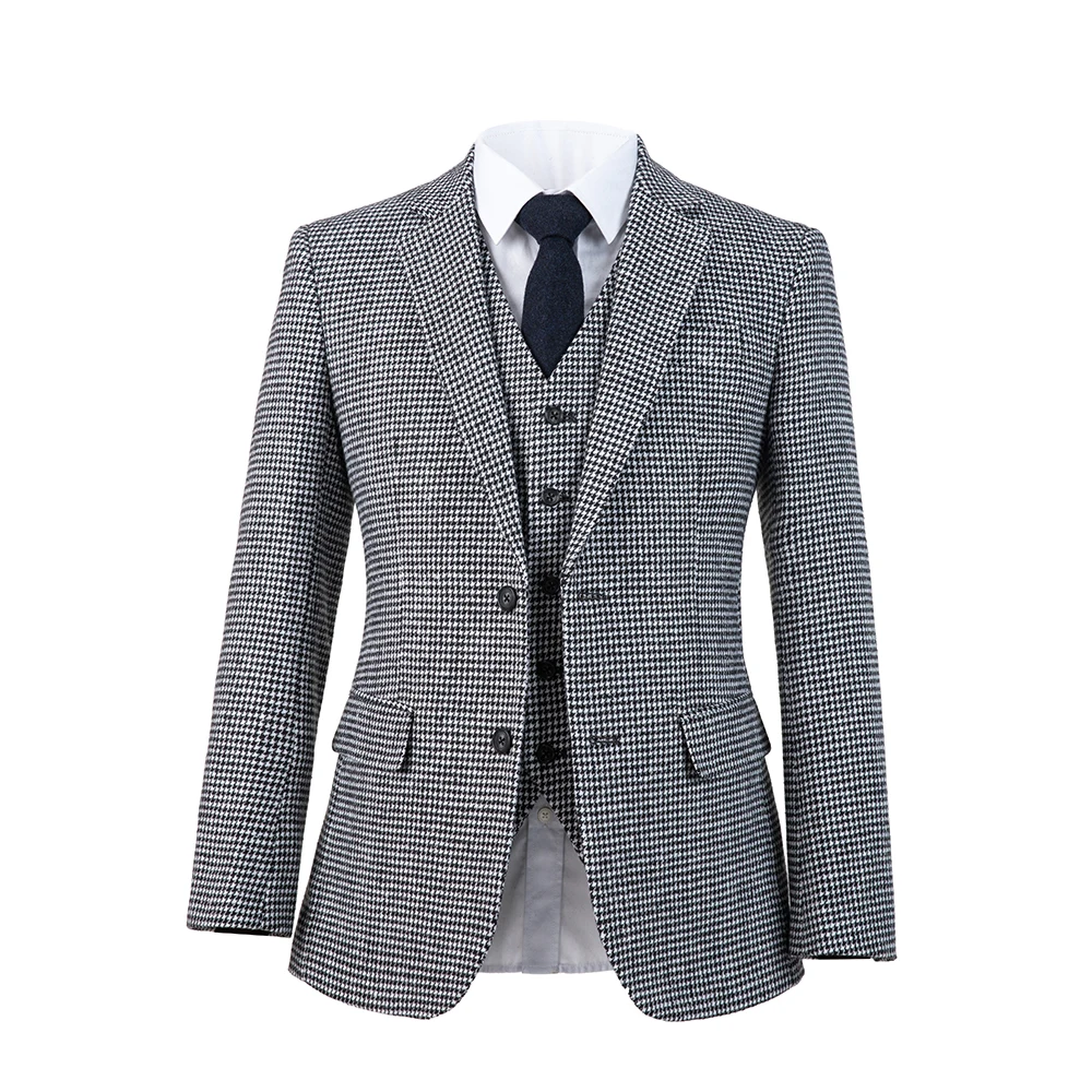 tailored made slim fit black white houndstooth suits for men retro wool tweed wedding dress custom mens 3 piece suit Blazers