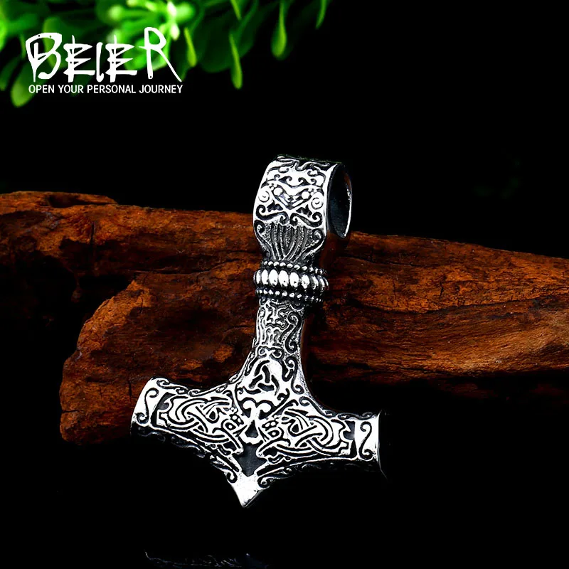 BEIER thor\'s hammer mjolnir pendant necklace viking scandinavian norse viking necklace with stainless steel chain BP8-384