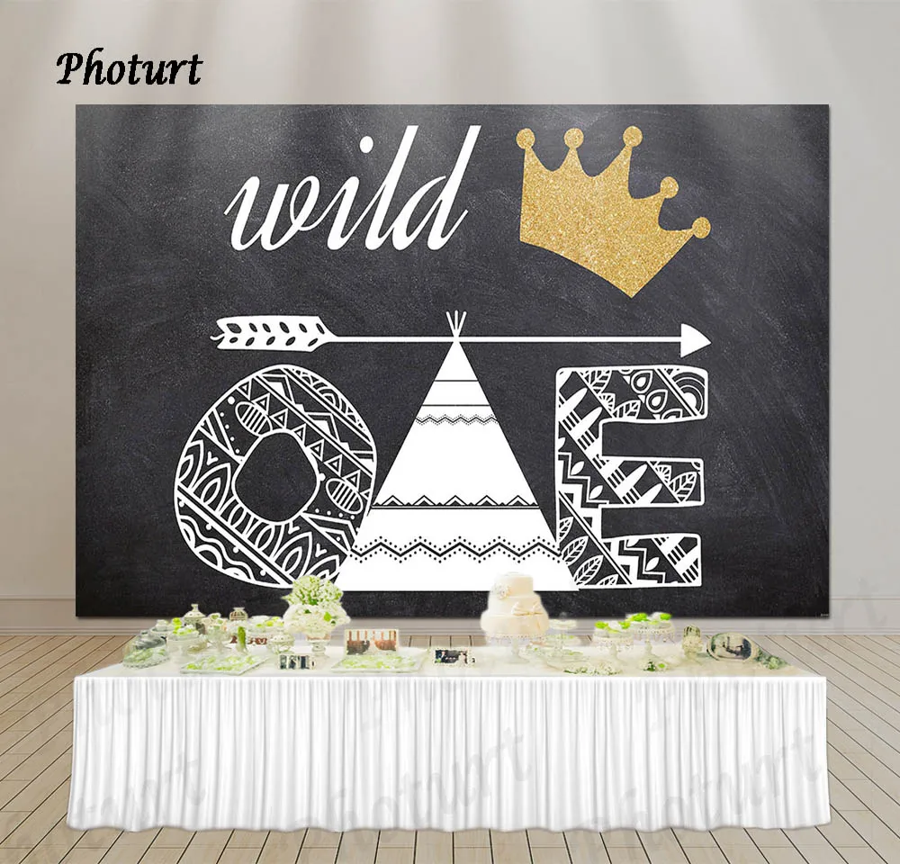 PHOTURT Wild One Birthday Party Backdrop Golden Crown Photography Background Black Vinyl Photo Banner For Decorate Props