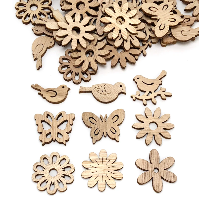 25/50pcs Mix Natural Wood Chips Butterfly Flowers Wooden DIY Crafts Christmas Tree Hanging Ornaments Wedding Party Home Decor