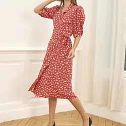 Red Women's Puff Sleeve Wrapped Robe V-Neck Lace-Up Floral Printed Ladies Midi Dress Spring Summer Fashion