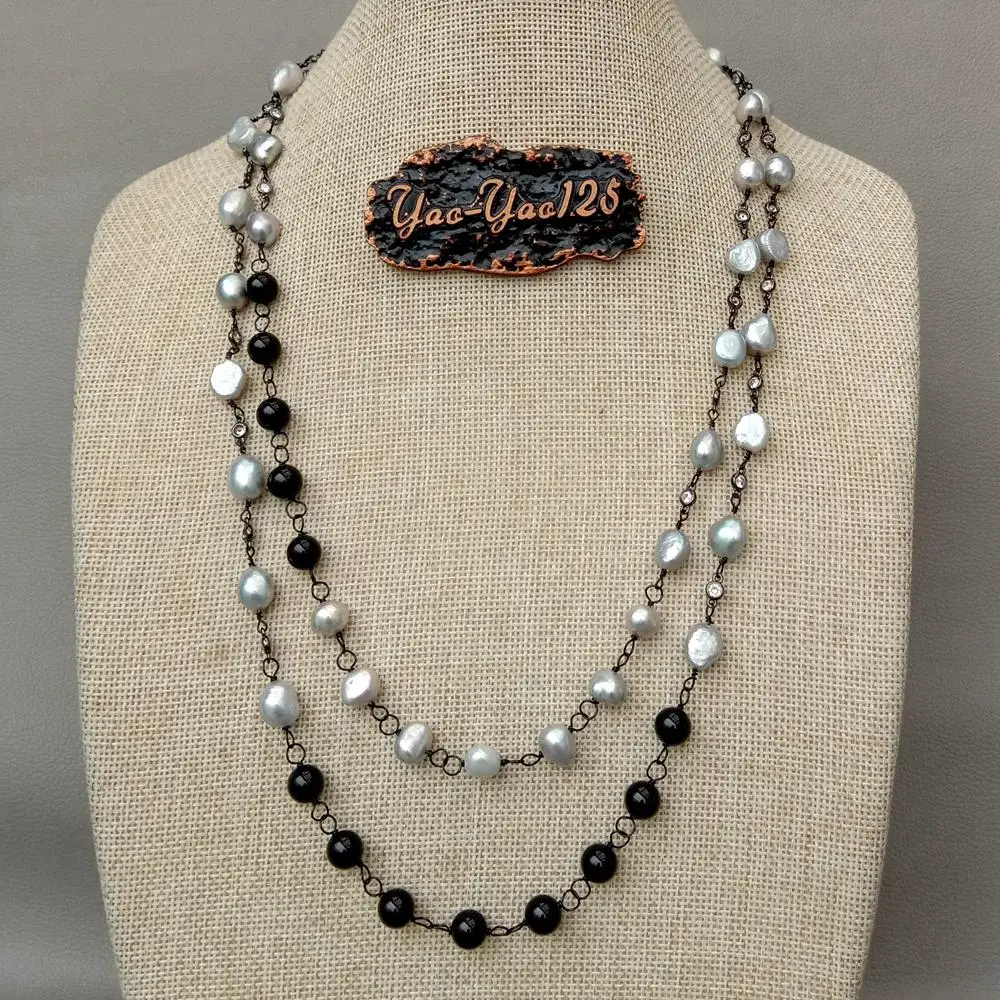 

49" Freshwater Gray Baroque Pearl Onyx Cz Pave Chain Long Necklace vintage anniversary for women