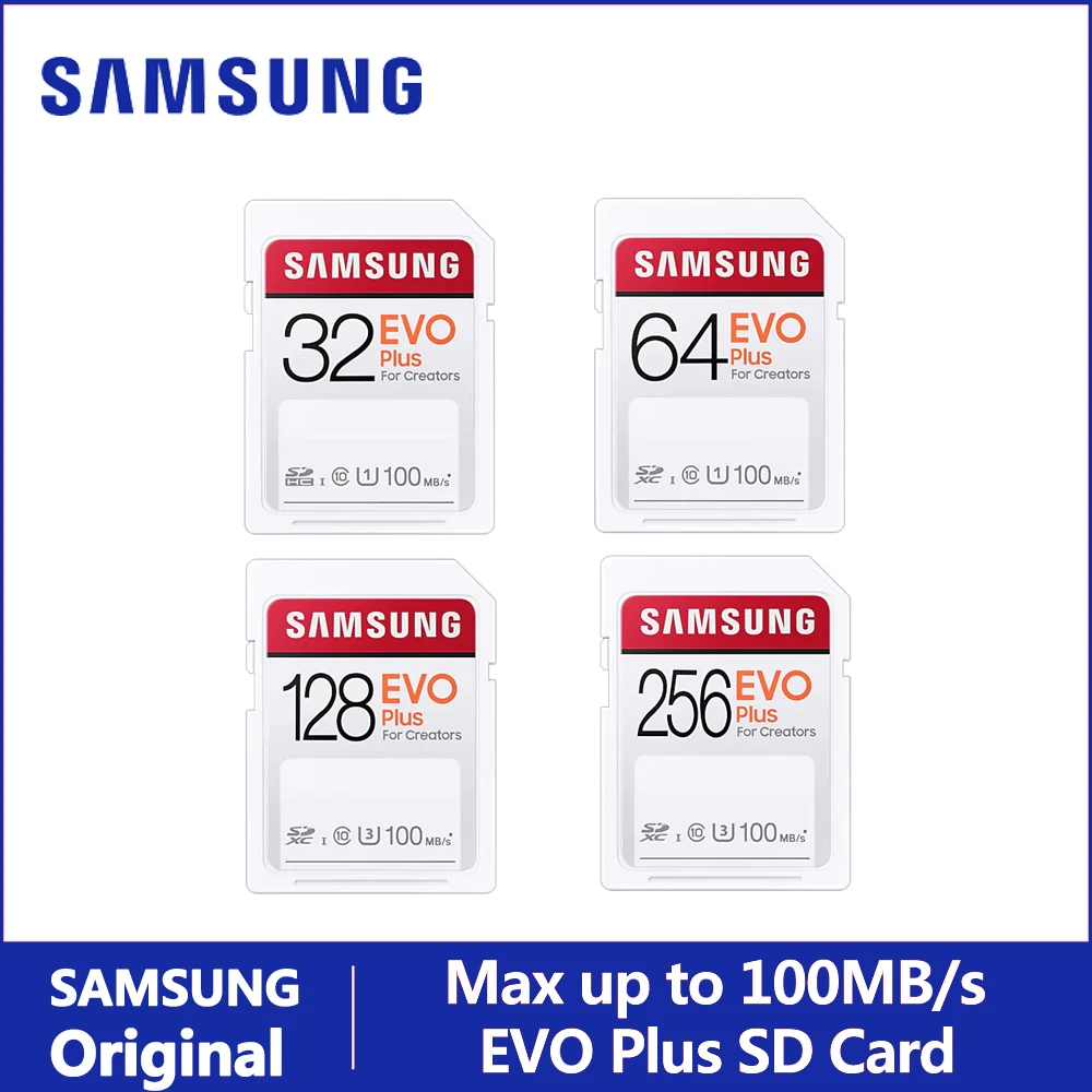 SAMSUNG SD Card EVO Plus For Creators 32GB 64GB 128GB 256GB SDHC SDXC Class 10 Memory Card Up to 100MB/s Video Camera Flash Card