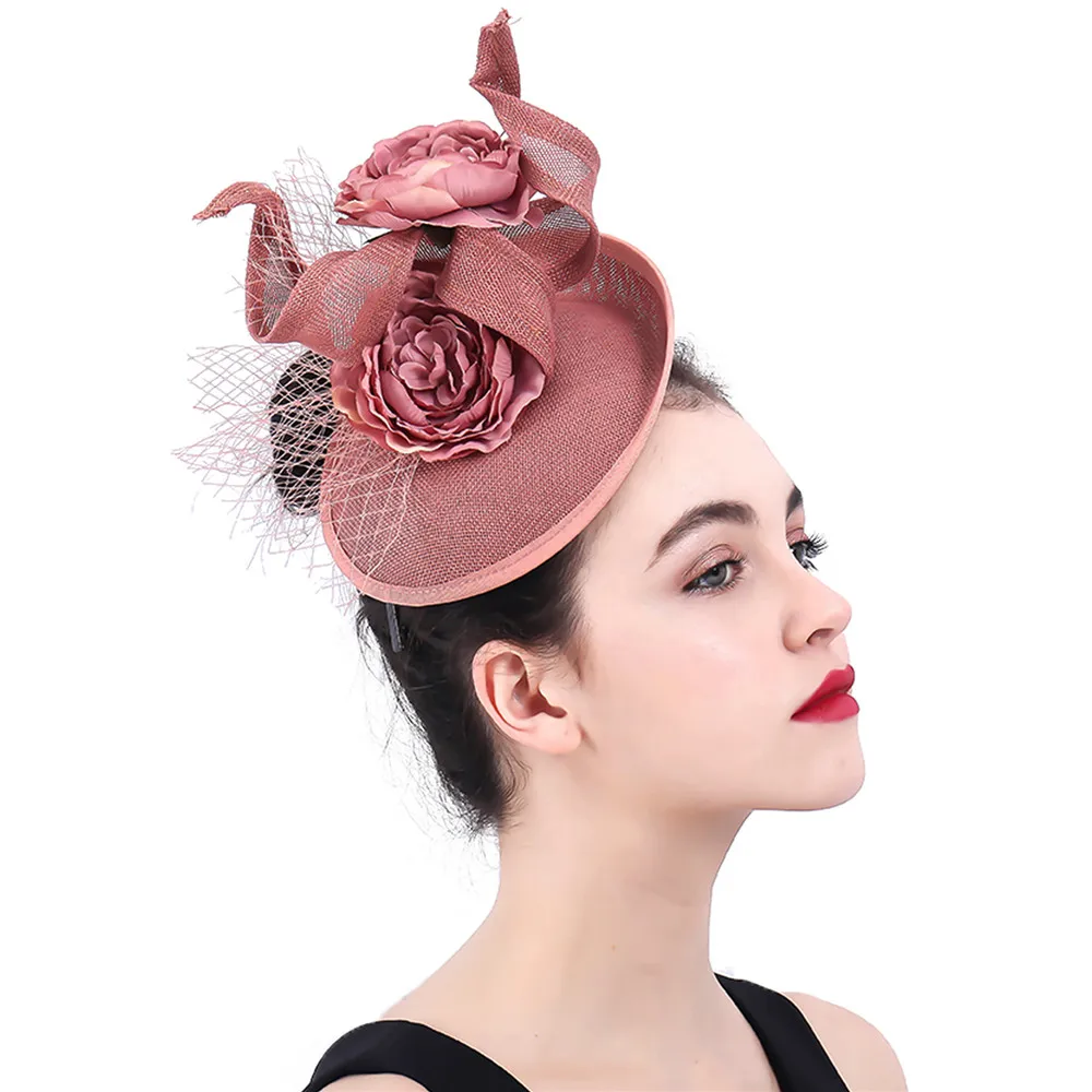 Dark Peach Vintage Women Hair Fasciantor Chuch Hat With Fancy Flower Event Party Headpiece Headband Flower Fashion New Millinery