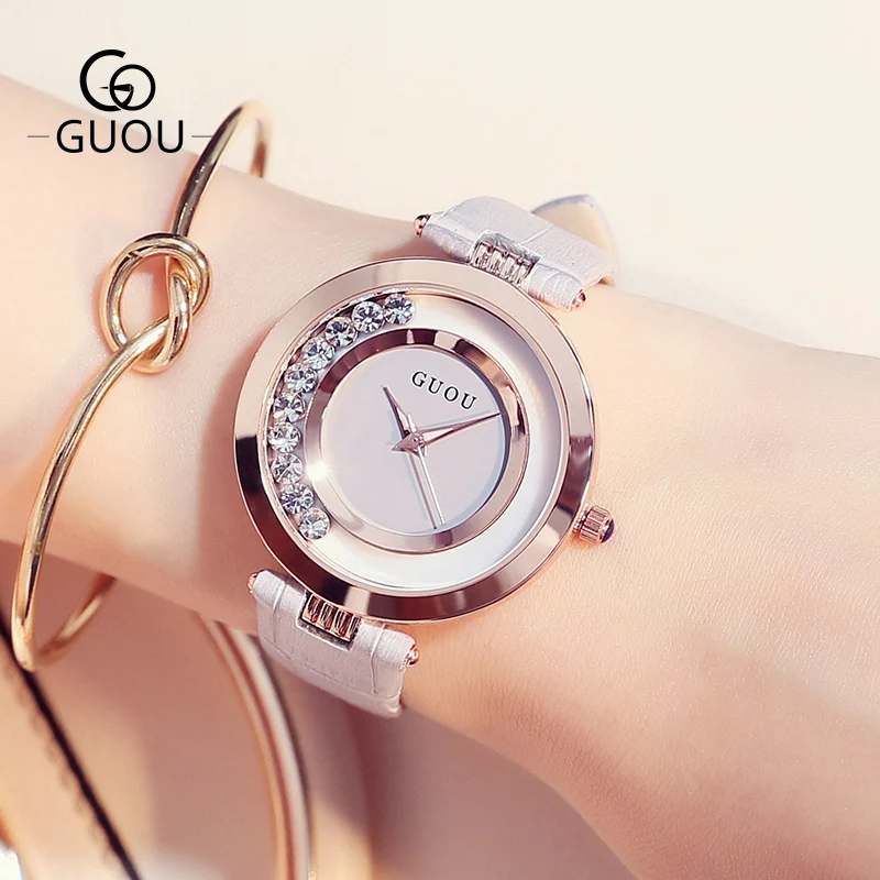 Guou Gold Plated Women Watches Red Dial Rhinestone Waterproof Female Clock Watch Leather Strap Simple Ladies Wristwatches Girls