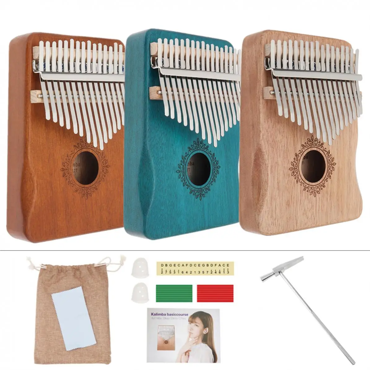 Thumb Piano 17 Keys Kalimba Thumb Piano Mahogany with Hand Guard Mbira Blue / Wood / Retro Optional 	Keyboard Instruments