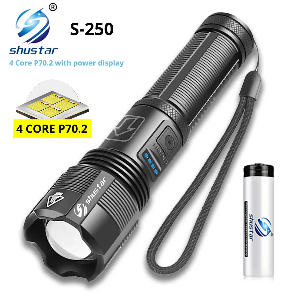 Super Bright 4 Core P70.2 LED Flashlight with Battery Display 5 Lighting Modes for Adventure, Hiking, Camping, Hunting, Etc.