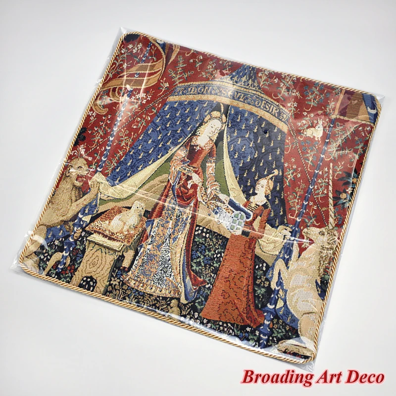 Medieval Tapestry Pillow Cushion Cover Lady & Unicorn - Desire, Jacquard Weave Decoration Cotton 100% Double Sided Size 45x45cm