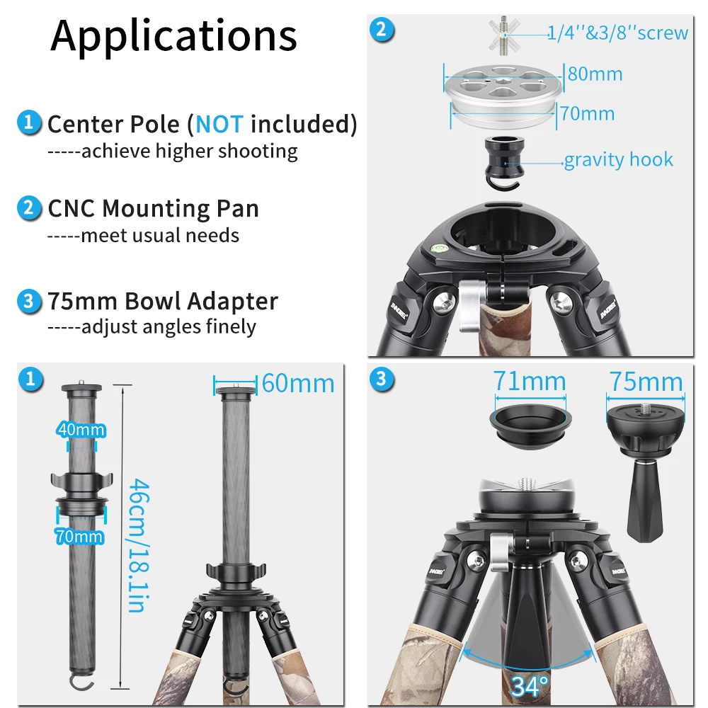 LT364CM Camouflage Carbon Fiber Top-Level Professional Tripod for DSLR Camera Heavy Duty Stand Ultra Stable 36mm Tube 35kg Load