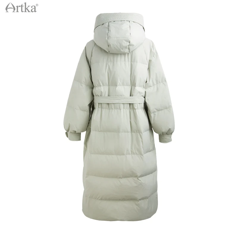 ARTKA-Manteau en duvet de canard blanc pour femme, 2021 duvet de canard blanc, manteau chaud à capuche long, ceinture combinée, mode élégante, nouveau, hiver, 90%, YK20012D