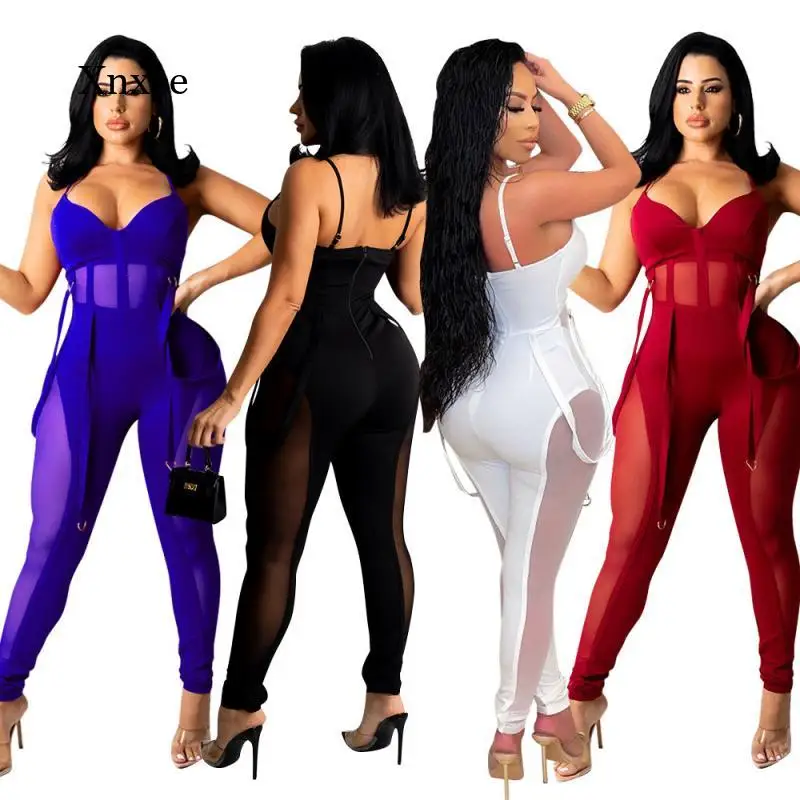 2021 Summer Rompers Sexy White Black Jumpsuit Women Cami Straps Backless Bodycon Female Mesh See Through Club Playsuit Outfits