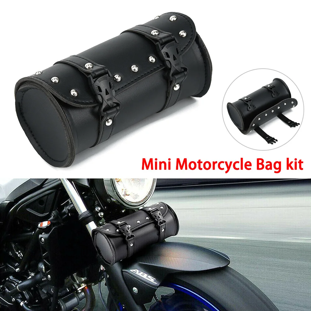 Motorcycle Fork Bag Universal PU Leather Handlebar Bag Roll with 2 Strap Vintage Saddlebag Waterproof Sissy Bar Tool Bag Storage