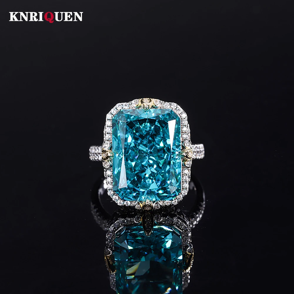 

Luxury 100% 925 Real Silver 12*16MM Aquamarine Topaz Tourmaline Amethyst Rings for Women Wedding Party Fine Jewelry Charms Gift