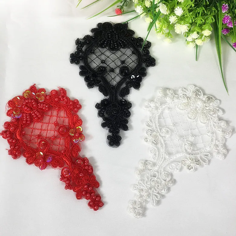 1PC Red Black Ivory Beaded Cord Outline Venise Lace Appliques Embroider Patch Wedding Dress Lace Decoration 10*15.5CM