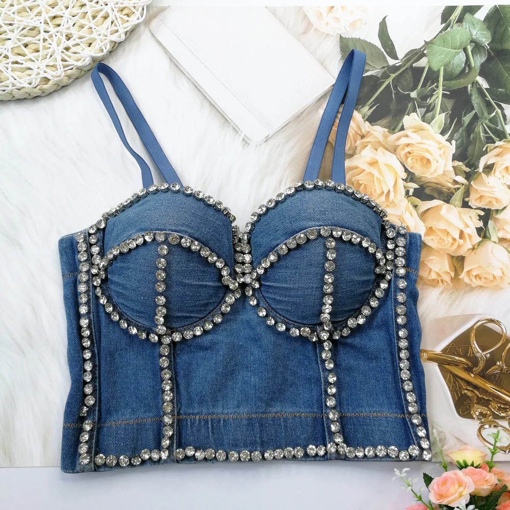 

Cupnaya стразы женский синий джинсовый укороченный топ сексуальный бюстье корсет пастушка камзол бюстгальтер без косточек для Calgary Stampede Rodeo Show