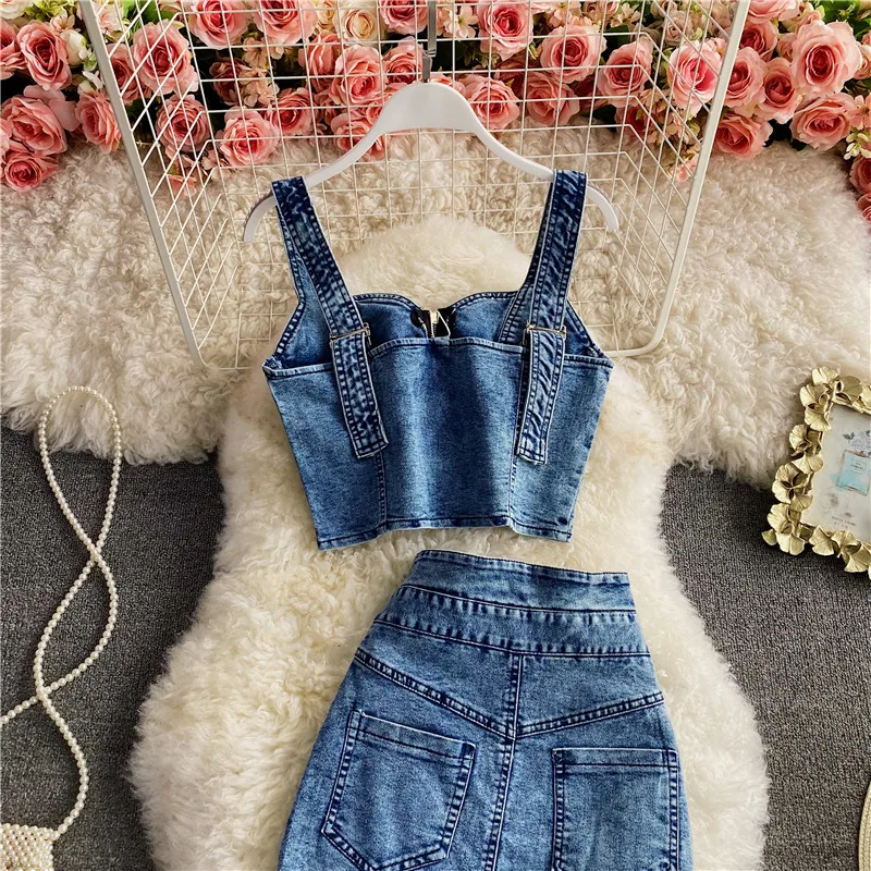 Amolapha Women Summer Denim Clothes Sets Strapless Strap Cowboy Camisole Tops+High Waist Split Jeans Mid-Length Skirts Suits