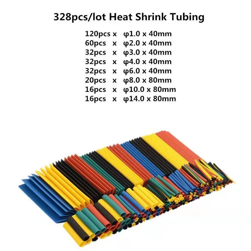 328Pcs 8 Sizes 5 Color Multi Color Polyolefin 2:1 Halogen-Free Heat Shrink Tubing Tube Assortment Sleeving Wrap Tubes