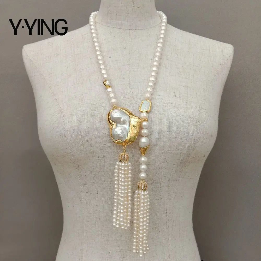 Y·YIN 10mm Cultured White White Pearl Asymmetric Necklace Keshi Pearl Pendant necklace luxury style wedding for women jewelry