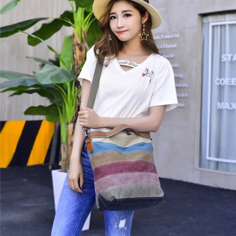 Spring Stripes Printing Rainbow Crossbody Bags for Women Large Messenger Bag Canvas Fashion Handbags Women Bags Bolsas Tote bag