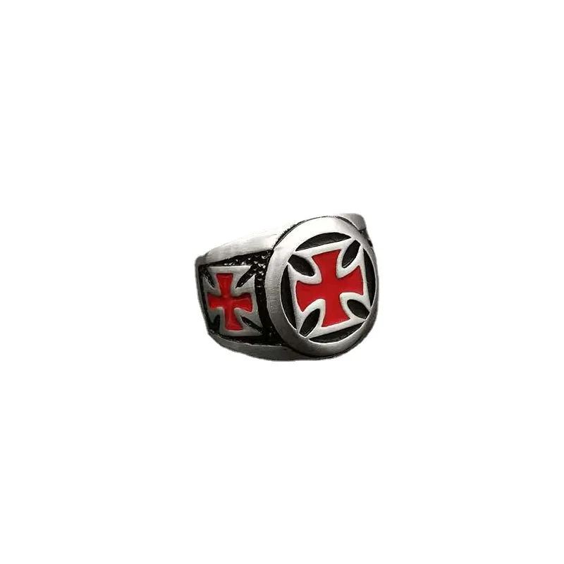 316L Stainless Steel Knights Templar Ring Custom Design Wholesale Price Shield Black Epoxy Clean Red Cross Rings