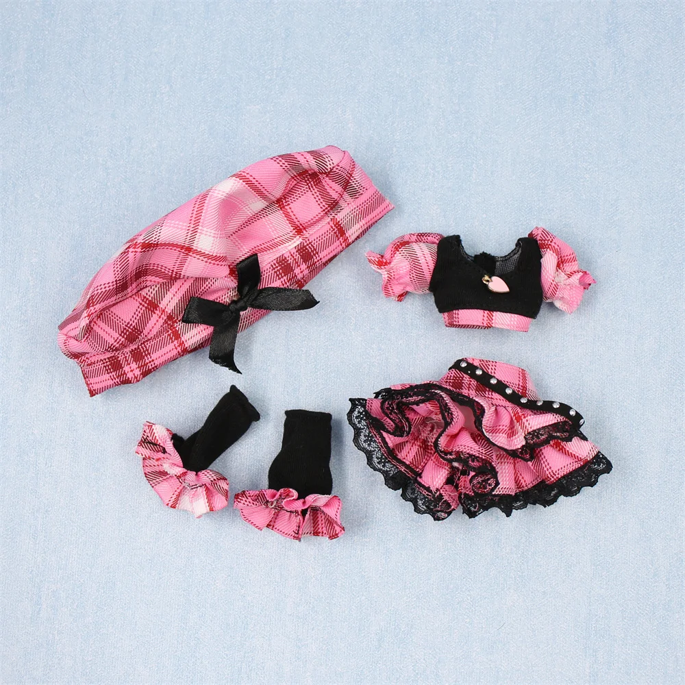 Accessoires de poupées blyth DBS 1/6 BJD, costume à carreaux noir et rose, avec chaussettes et chapeau