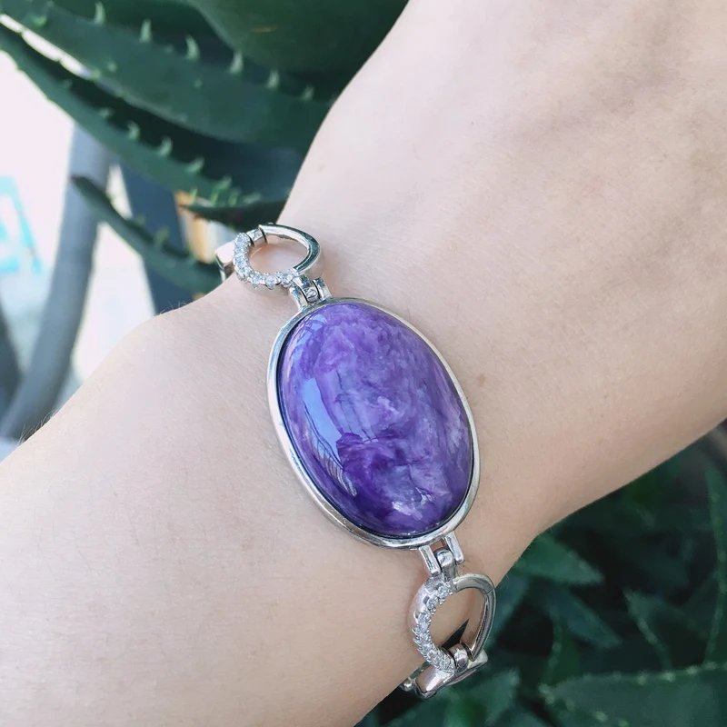 VANTJ Big Stone Natural Charoite Bracelet 925 Sterling Silver oval18*26mm Women and Lady Wedding Engagment Party Gift Box