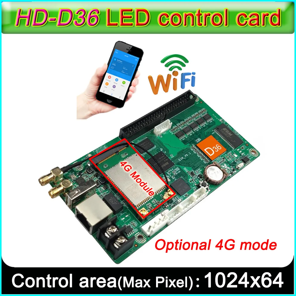 HD-D36 WiFi Modle Full-color LED Sign Controller,Network RJ45,U-disk Communication, Strip-type Video LED Screen Control Card