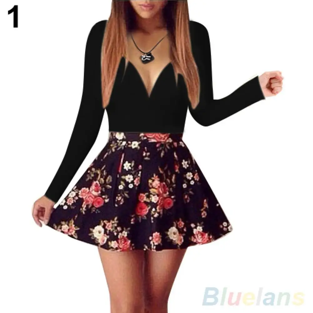 

Women Print Mini Dress Fashion Summer Sexy Low Cut V-neck Long Sleeve Floral Print Mini Dress платье 2021