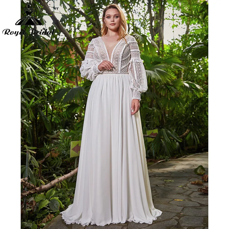 

A Line Beach Wedding Dress Boho Bohemian Plus Size Lace Chiffon Long Puff Sleeve Deep V Neck Backless Weddding Party Gowns 2022