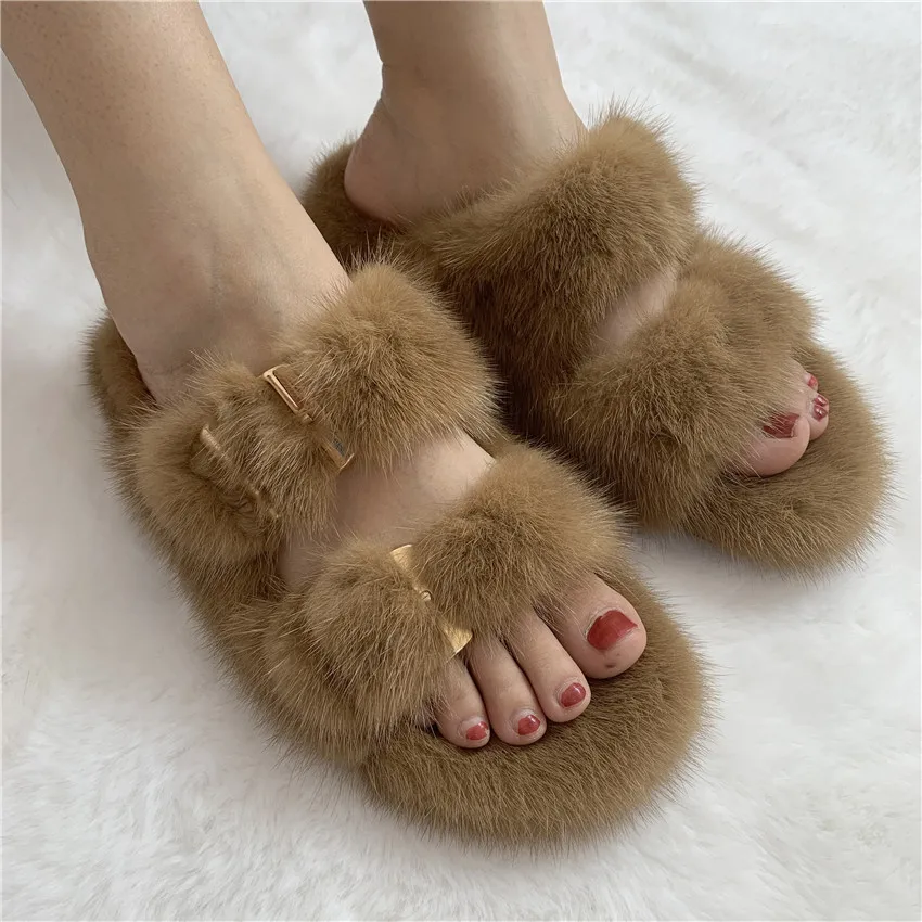 2021Women Slippers 100% High Quality Real Mink Skippers Indoor Home Shoes Flip Flops Oudoor Slides Free Shipping