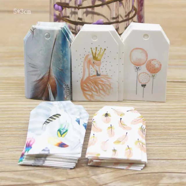 Nowy 5 * 3 cm DIY drukowane prezenty ślubne cukierki przysługi zawieszka etykieta wzór piór prezenty przysługi dekoracja zawieszka impreza suppile