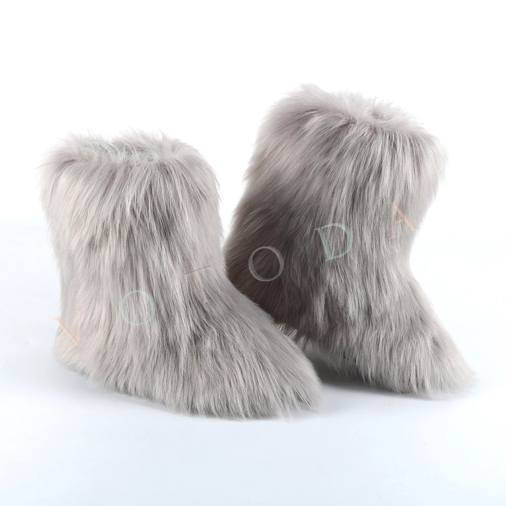 Hot Women Warm Fur Boots Woman Winter Plush Faux Fur Snow Boots Ladies Furry Outdoor Slip On Shoes Female Cozy Fuzzy Cotton Boot